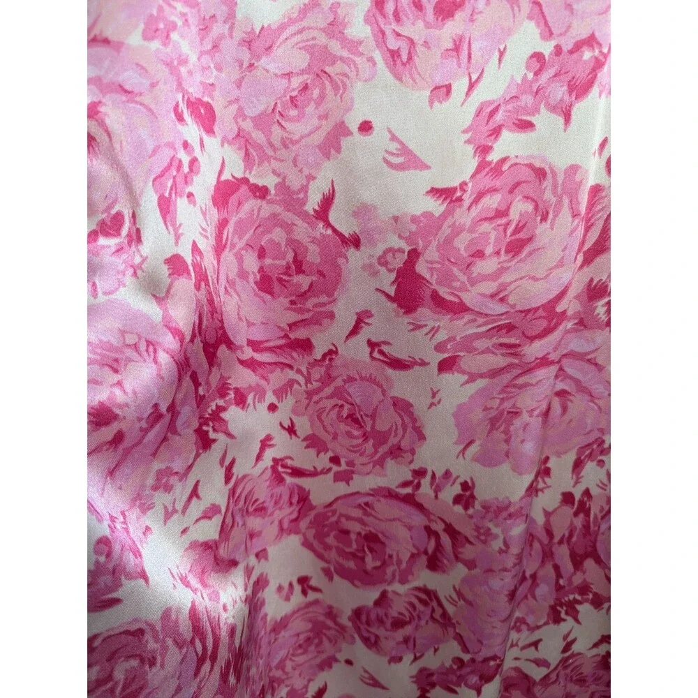 Strappy Silky Satin Slip Nightgown Dress M L Pink Rose Floral Bows L 90s Y2K